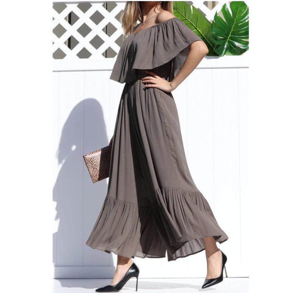 Boho Off Shoulder Ruffle Wide Leg Jumpsuit Jumper - Picture 5 of 6